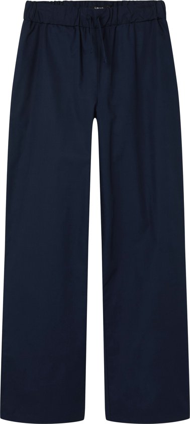 Donkerblauwe wijde broek met elastische tailleband en trekkoord.
