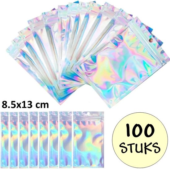 Fako Bijoux® - Sachets holographiques à Zip éclair avec trou - Sachets Mylar refermables - 8x13cm - Sachets de fête - Transparents - Sachets à bonbons - Sachets cadeaux - 100 pièces