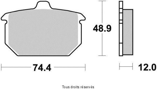 Dessin technique de plaquette de frein, dimensions 74.4 x 48.9 x 12.0 mm.