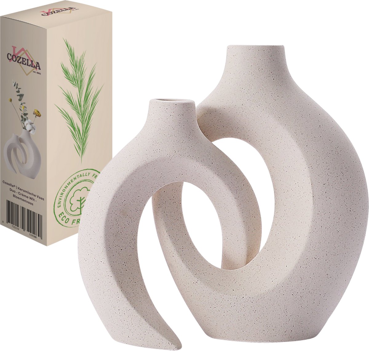 COZELLA® Vaas Duo – Bloemenvaas Keramische Vaas Set – Decoratieve Vaas – Crème Wit