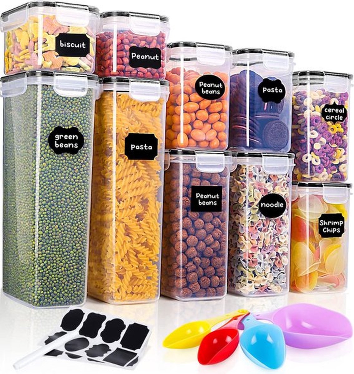 Voorraaddozen set van 10 muesli bulkdozen (2 x 0,8 l + 2 x 1,4 l + 2 x 1,6 l + 2 x 2,8 l) kunststof voorraaddozen luchtdicht voorraaddozen met deksel met etiketten, maatlepel voor granen, meel, suiker