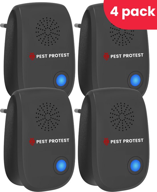 Pest Protest 4-Pack Ultrasonische Muizenverjager - Ongedierte Verjager Voor Binnen - Diervriendelijke Muizen en Insecten Bestrijding - Ultrasone Repeller - Zwart