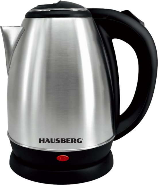 Hausberg waterkoker van geborsteld metaal met een zwarte handgreep en basis, met een rode schakelaar aan de voorkant.