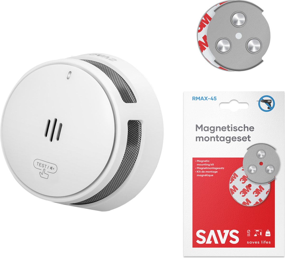 SAVS S10 Rookmelder - 10 jaar batterij - Met magneet montage - Compact design - Voldoet aan Europese norm - Infrarood sensor - Brandalarm zonder boren