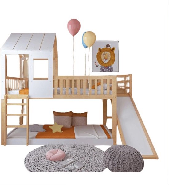 Stapelbed voor kinderen 90 x 200 cm met glijbaan boxspring, kleuren: naturel en wit