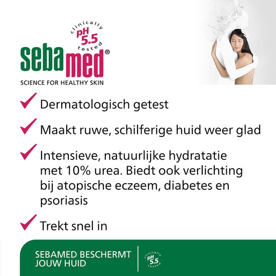 Een vrouw met een schone huid omringd door witte golven, met de tekst 'Sebamed Clinically pH 5.5 tested. Dermatologisch getest. Maakt ruwe huid glad. Hydrateert met 10% urea.'