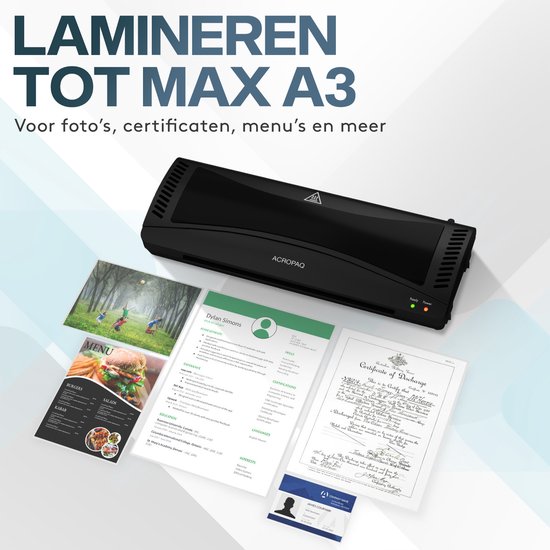 Zwart ACROPAQ lamineerapparaat met een menu, cv en certificaat.