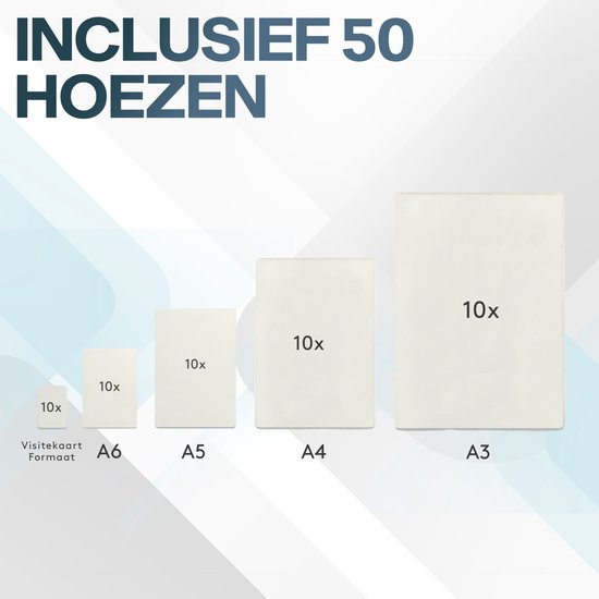 4 pakken lamineerhoezen in maten A6, A5, A4, A3, elk 10 stuks.