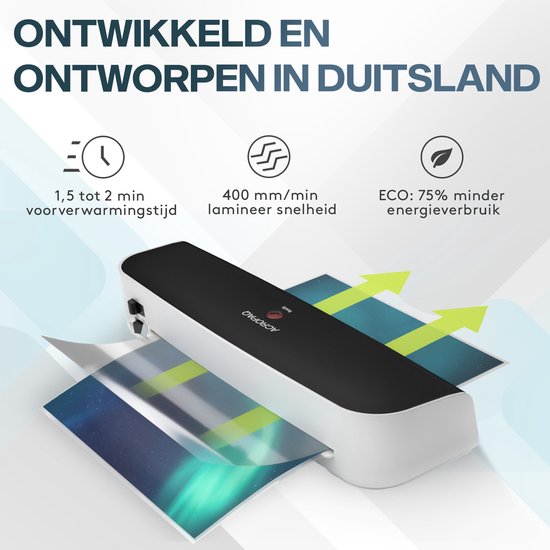 ACROPAQ lamineerapparaat: Ontwikkeld in Duitsland, 1,5-2 min opwarmtijd, 400mm/min snelheid, 75% minder energieverbruik.