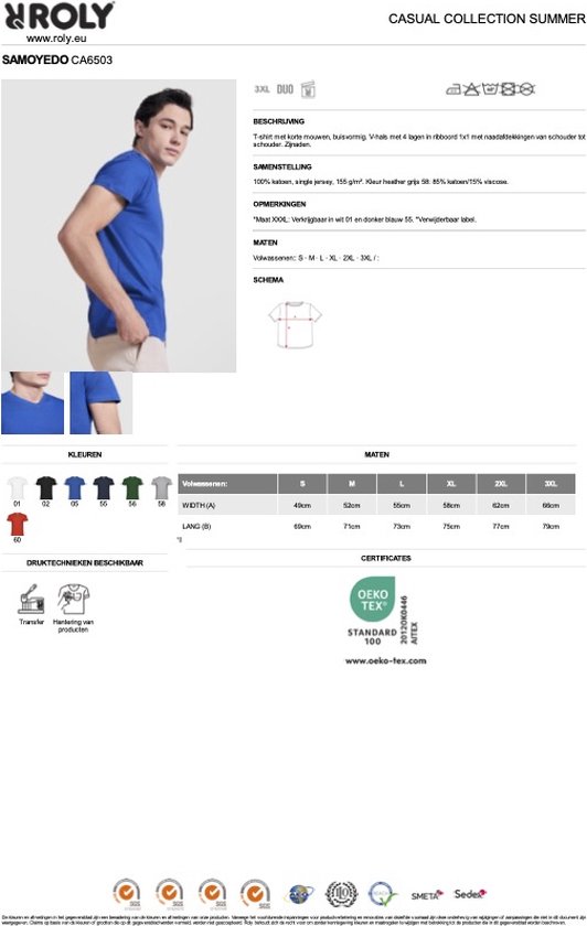Mannequin portant un t-shirt bleu cobalt à col en V, avec informations produit.