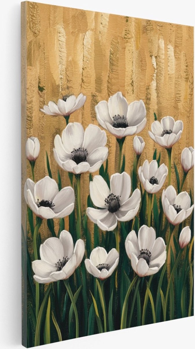 Saammp Canvas Schilderij - Witte Bloemen - Abstract - 60x90 - Foto op canvas - Wanddecoratie - Muurdecoratie Woonkamer - Kantoor Decoratie Multicolor