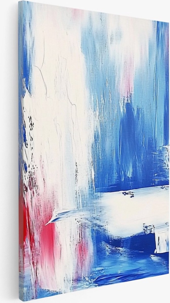 Saammp Canvas Schilderij - Wit - Penseelstreken - Blauw - Abstract - 75x100 - Foto op canvas - Wanddecoratie - Muurdecoratie Woonkamer - Kantoor Decoratie Multicolor