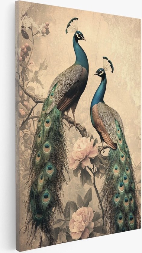 Saammp - Peinture sur toile - 2 Paons avec fleurs - Nature - Animaux - 50x70 - Photo sur toile - Décoration murale - Décoration murale murale Salon - Décoration chambre - Impression sur toile