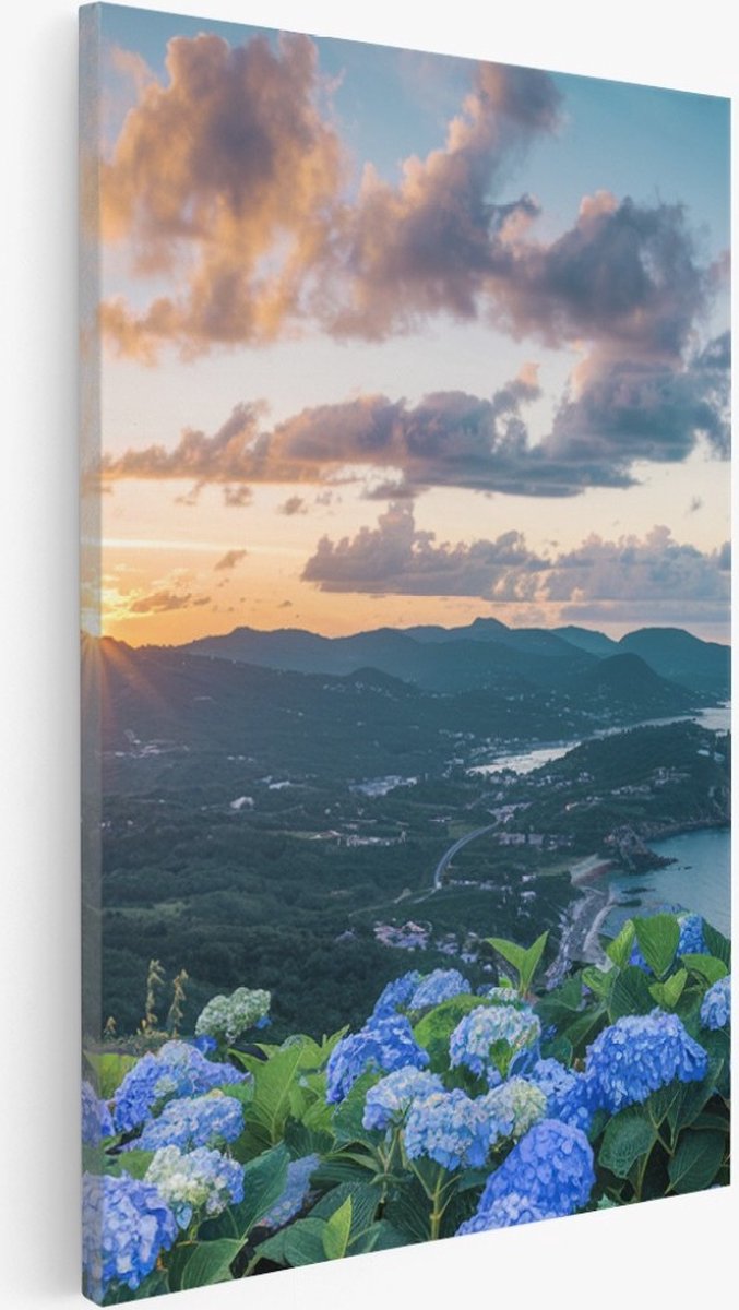 Saammp Canvas Schilderij - Bloemen aan de kust - Landschap - Natuur - 100x150 - Foto op canvas - Wanddecoratie - Muurdecoratie Woonkamer - Slaapkamer decoratie - Canvas Print Multicolor