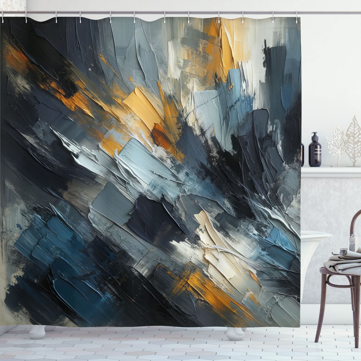 New Bed Marineblauw Abstracte penseelstreek kunst Douchegordijn Badkamer Decor Set met Haakjes, 180 cm B x 200 cm L