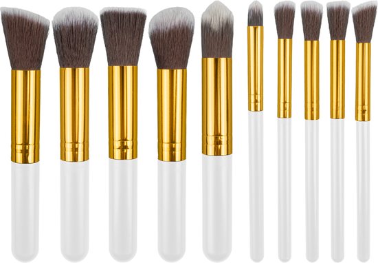 Evvie set van 10 make-up kwasten kabuki - Wit-Goud