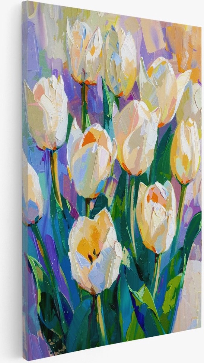 Saammp Canvas Schilderij - witte tulpen - bloemen - Abstract - 20x30 - Foto op canvas - Wanddecoratie - Muurdecoratie Woonkamer - Kantoor Decoratie Multicolor