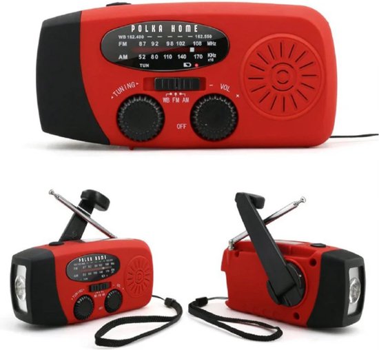 Noodradio op zonne-energie - Zelfaangedreven met handslinger, LED Noodradio op zonne-energie - Zelfaangedreven met handslinger, LED