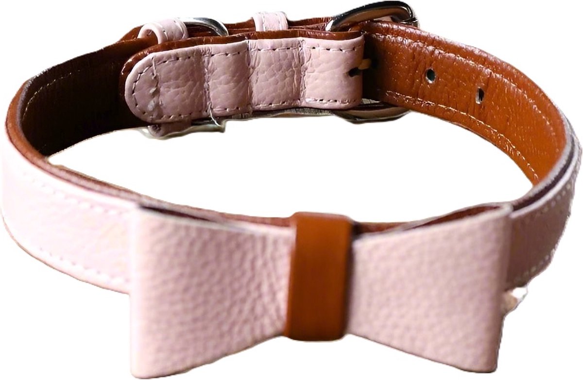 Cavlicious® hondenhalsband met strik - leer - roze - XS