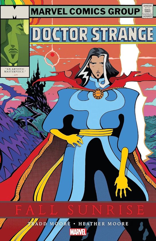 Doctor Strange, gekleed in een blauw kostuum met gele accenten en een rode mantel, met een zonsondergang op de achtergrond. "AN ARTISTIC MASTERPIECE."