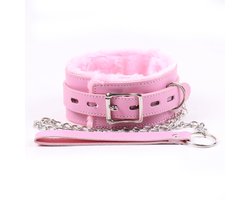 Nooitmeersaai - Halsband met bont - Roze - PU leer - aanlijnriem