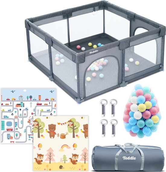 Teddle Grondbox – Inclusief Dubbelzijdige Speelmat – Baby Speelbox met 50x Speelballen
