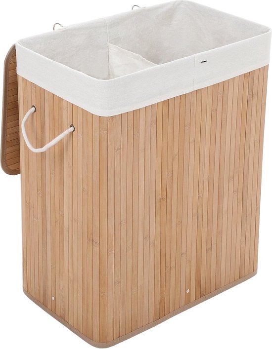 Wiltec bamboe wasmand 105 liter in natuurkleur 52 x 32 x 63 cm, wassorteerder met linnen waszak, rechthoekige wasbox met twee compartimenten, waskorf met handvaten en deksel