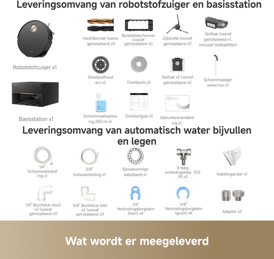 Overzicht van meegeleverde accessoires voor robotstofzuiger en basisstation, inclusief wateraansluitingen.