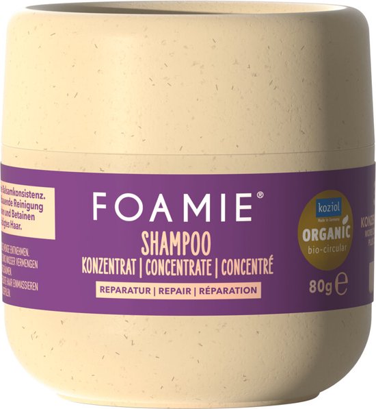 Foamie Shampoo Concentraat, 80g verpakking, paarse band met tekst.
