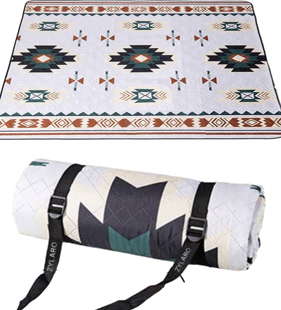 ZYLARO picknickdeken, 200x200cm, Dubbelzijdig waterdicht, machinewasbaar, draagbare stranddeken zandvrij, voor camping, park, tuin, strand, picknick, wandelen, barbecue, Santorini-patroon