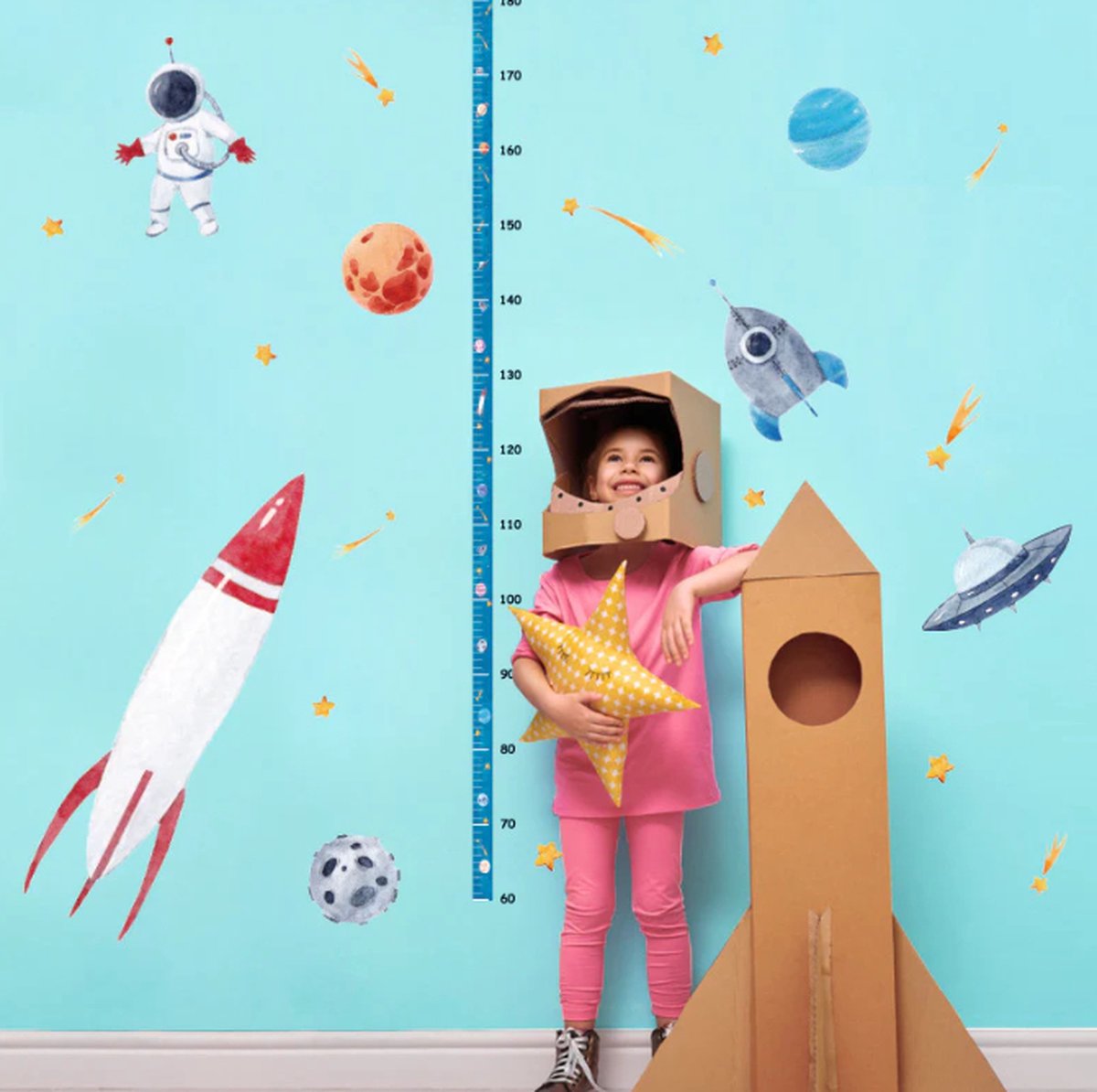 Groeimeter Sticker Ruimtevaart | Raket en Astronaut Design | Meetlat tot 180 cm | Muurdecoratie voor Kinderen | Nunu's®