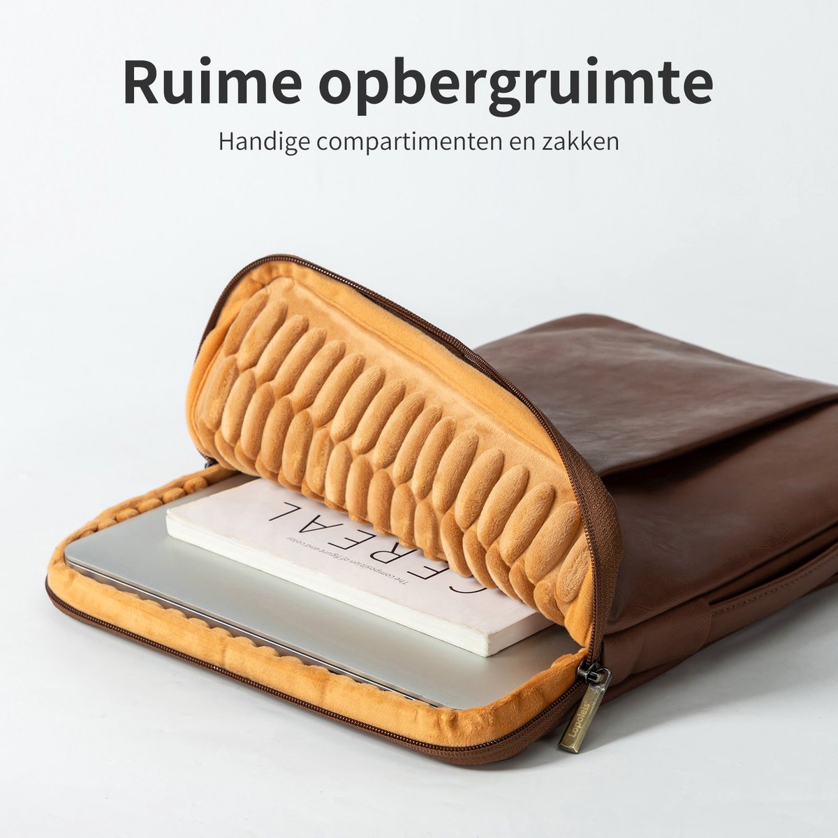 Leren laptopsleeve 14 inch bruin spatwaterdicht met schuim bescherming en extra vak voor MacBook Pro Air - Afbeelding 2