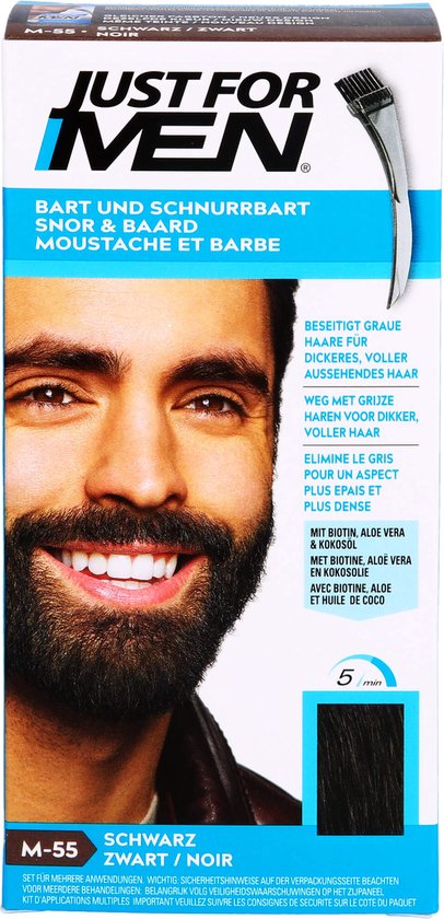 Just for Men Snor en Baard Haarkleuring M55 Zwart - Haarverf voor Mannen - Grijs Haar Verdwijnt in 5 Minuten - Versterkt Natuurlijke Kleur - Eenvoudig te Borstelen - Zonder Ammoniak - Meerdere Keren Bruikbaar - Blijft tot 8 Weken Zitten