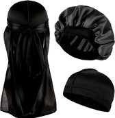 3-Delige Satijnen Haarset – Bonnet, Durag & Wave Cap – Voor Nachtbescherming & Styling