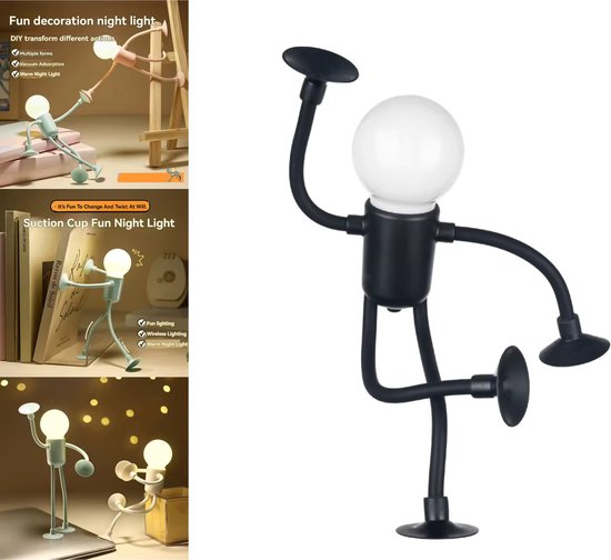 Grappige Nachtlampje met Zuignappen - Zwart - Veranderbare Vorm - Met batterijen - Unieke Tafellamp voor Slaapkamer & Bureau - Creatief Design - Speelse LED Lamp - Nachtlamp voor Kinderen - Nachtlampjes