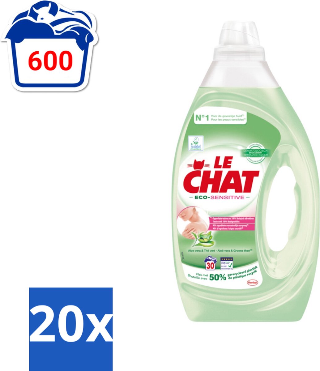Le Chat Eco-Sensitive - Vloeibaar Wasmiddel - Witte en Gekleurde Was - Aloë Vera & Groene Thee - 30 Wasbeurten - Bulkverpakking - 20 stuks