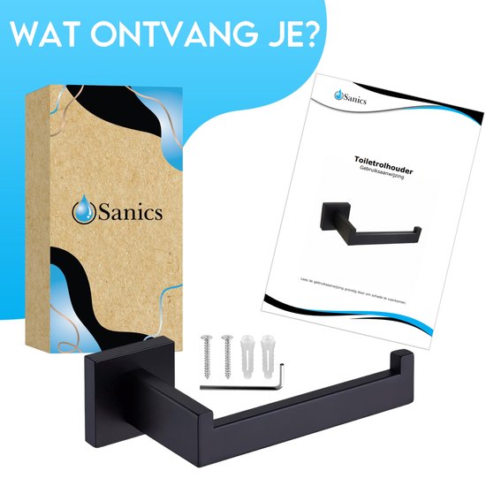 Sanics Seal Porte-rouleau de papier toilette Zwart avec kit de montage - Porte-rouleau de papier toilette en acier inoxydable - Porte- Papier toilette - Porte-rouleau de papier toilette
