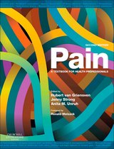 Boekomslag met de titel 'Pain', een leerboek voor professionals in de gezondheidszorg, met een kleurrijk, abstract patroon op de achtergrond.