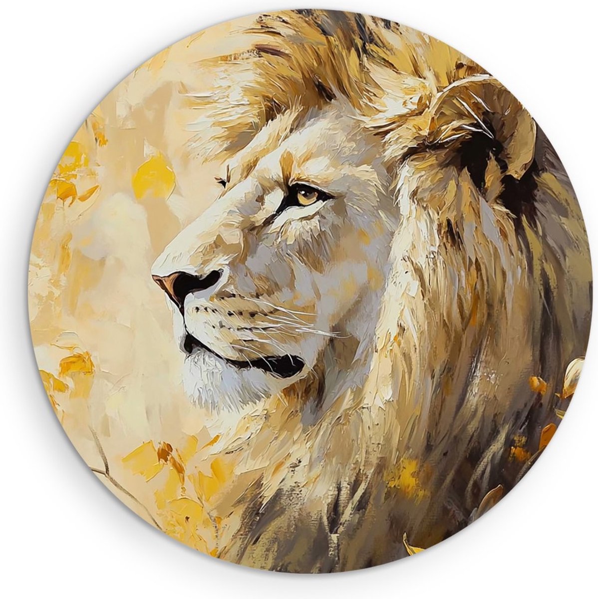 Saammp Muurcirkel Hout - Leeuw tussende gele bladeren - Dieren - Natuur - Ø 80 - Wandcirkel - Wanddecoratie Cirkel - Muurdecoratie Woonkamer - Slaapkamer decoratie - Rond Schilderij