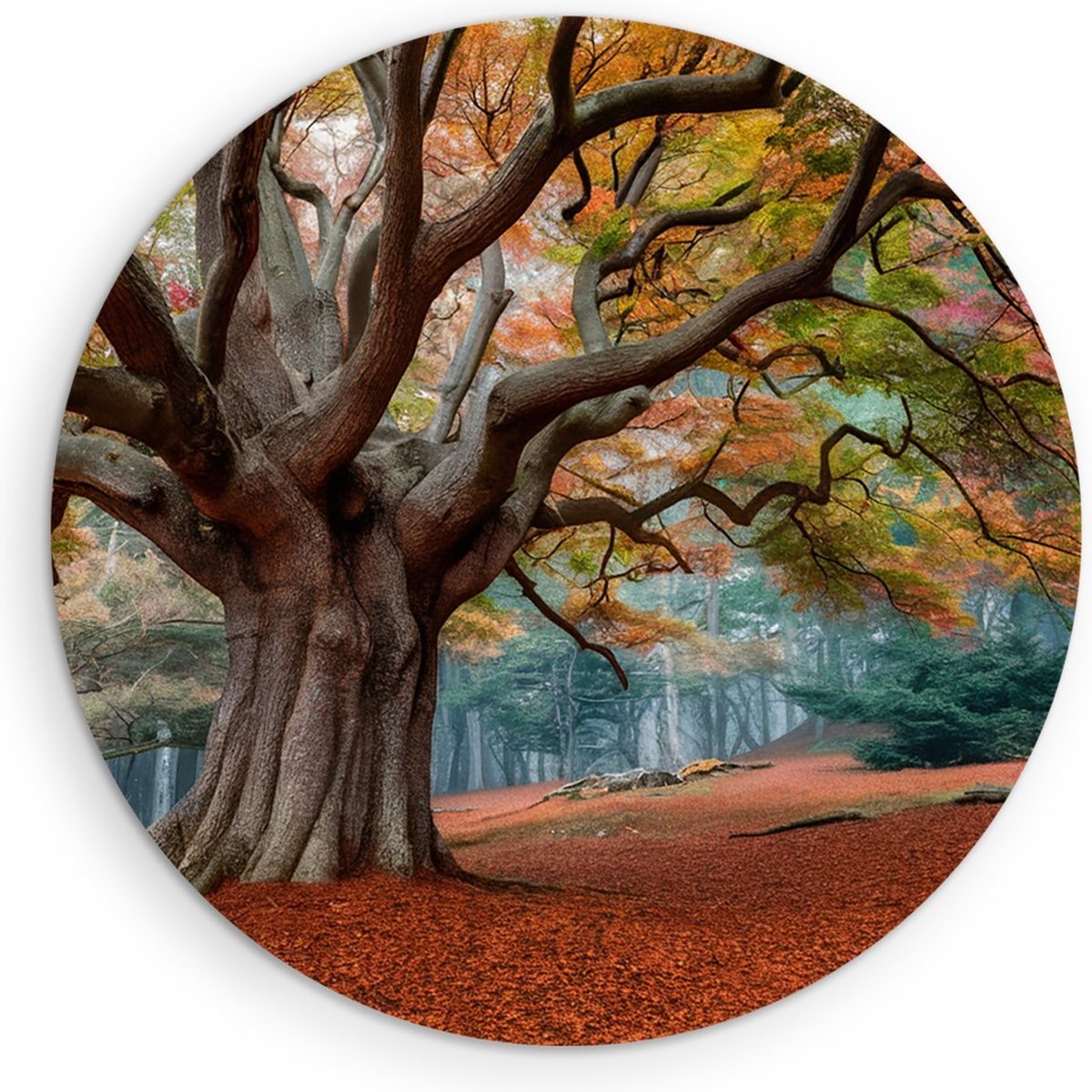Saammp Muurcirkel Hout - Bos tijdens de herfst - Landschap - Bloemen - Natuur - Ø 90 - Wandcirkel - Wanddecoratie Cirkel - Muurdecoratie Woonkamer - Slaapkamer decoratie - Rond Schilderij