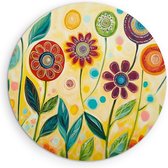 Saammp Muurcirkel Hout -Kleurrijk - Getekende Bloemen - Abstract - Ø 80 - Wandcirkel - Wanddecoratie Cirkel - Muurdecoratie Woonkamer - Kantoor Decoratie