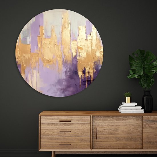 Saammp Muurcirkel Hout - paars goude horizon - Abstract - Ø 90 - Wandcirkel - Wanddecoratie Cirkel - Muurdecoratie Woonkamer - Slaapkamer decoratie - Rond Schilderij