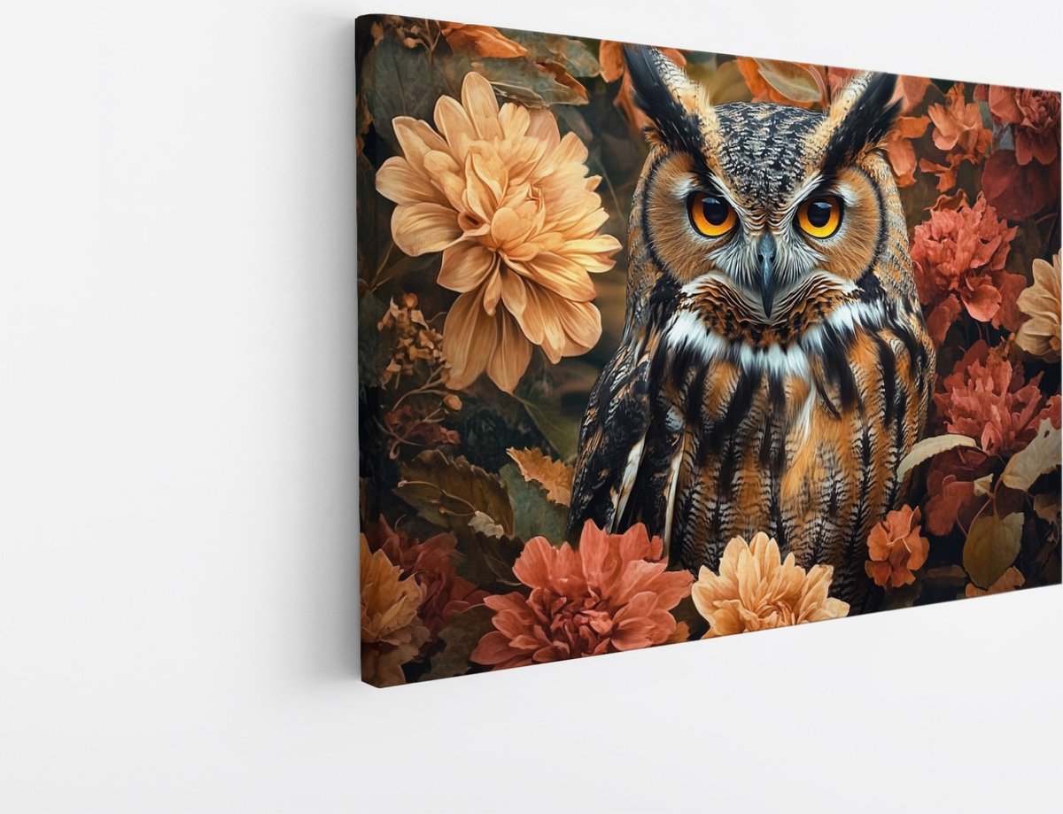 Saammp Canvas Schilderij Uil - bloemen - Abstract - Dieren - Natuur - 90x60 - Foto op canvas - Wanddecoratie - muurdecoratie Woonkamer - Slaapkamer decoratie - Canvas Print Multicolor