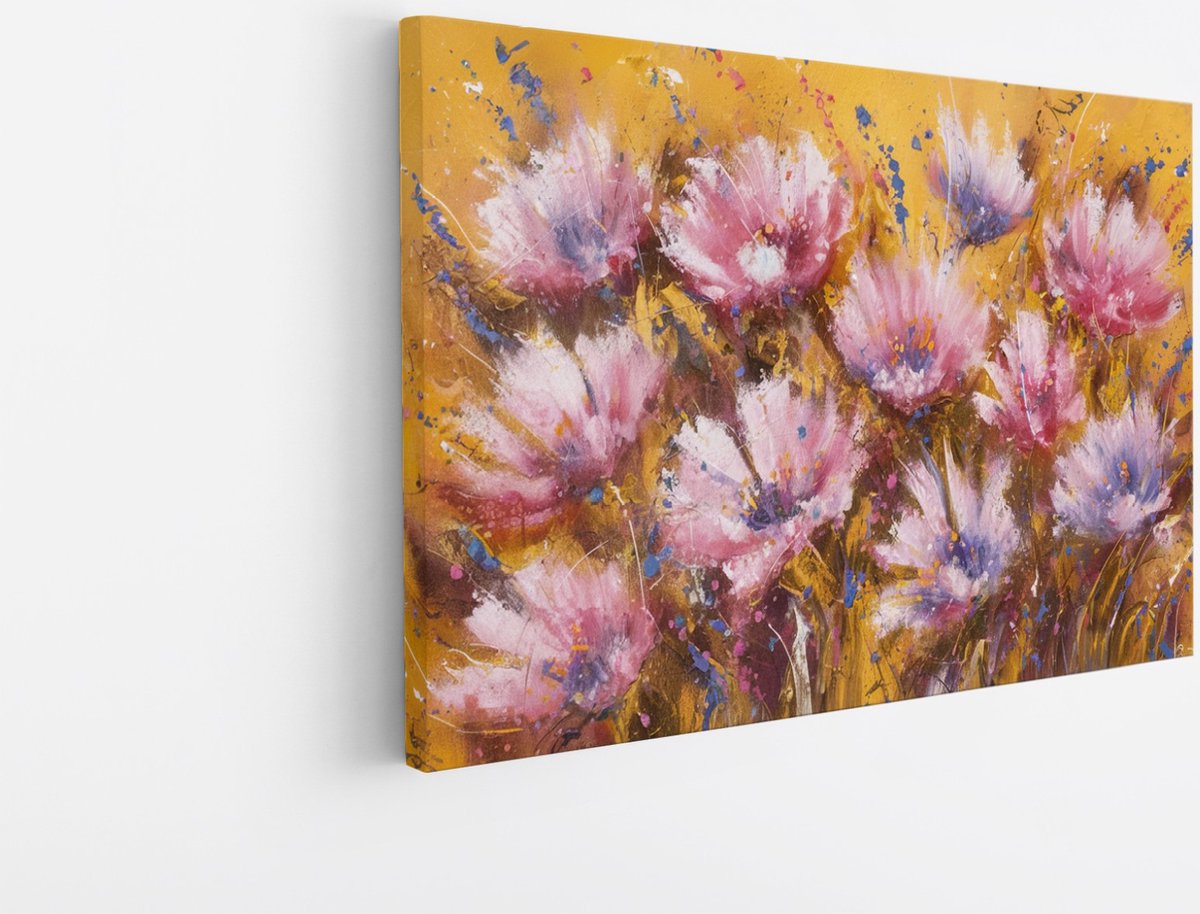Saammp Canvas Schilderij - Kleurrijke Roze Bloemen - Natuur - Abstract - 120x80 - Foto op canvas - Wanddecoratie - Muurdecoratie Woonkamer - Kantoor Decoratie Multicolor