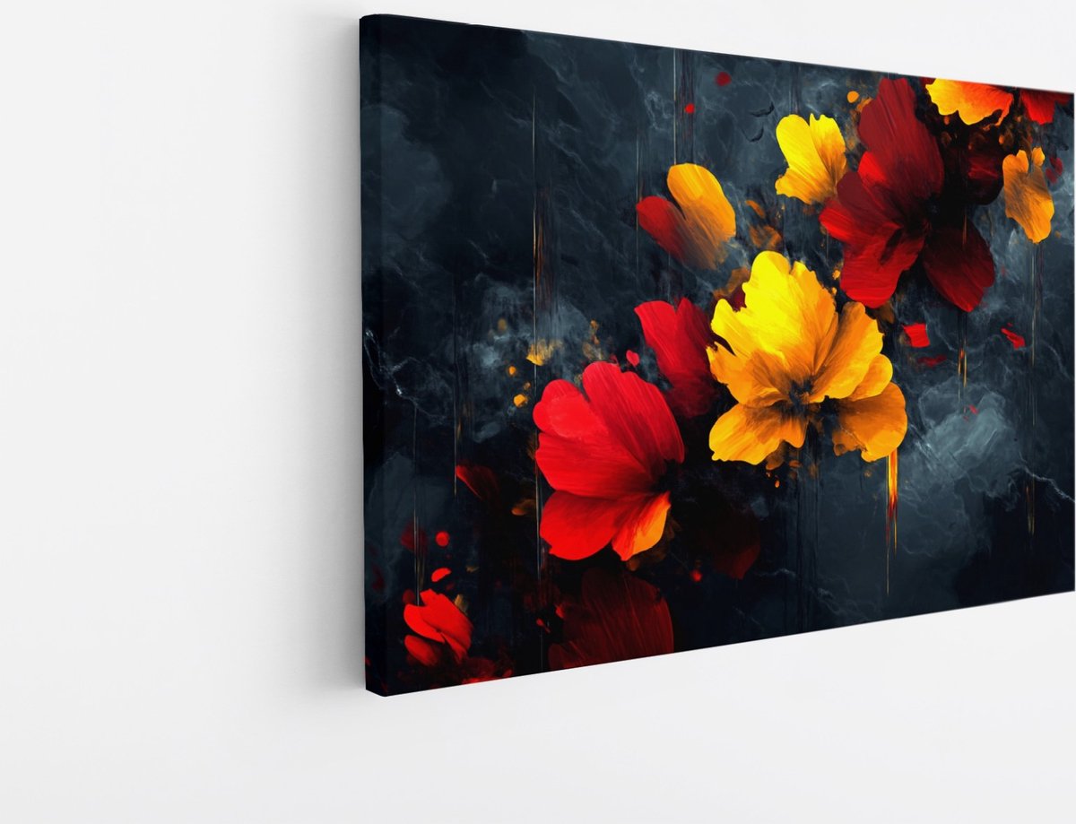 Saammp Canvas Schilderij - Vuurrode en Gele Bloemen - Abstract - Natuur - 70x50 - Foto op canvas - Wanddecoratie - Modern Interieur - Energiek Ontwerp Multicolor