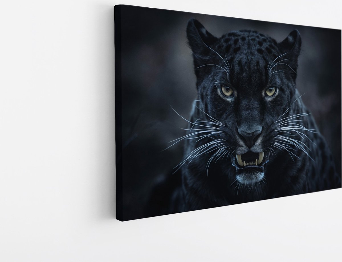 Saammp Canvas Schilderij - Zwarte Panter met zijn bek open - Natuur - Dieren - 100x75 - Foto op canvas - Wanddecoratie - Muurdecoratie Woonkamer - Slaapkamer decoratie - Canvas Print Multicolor