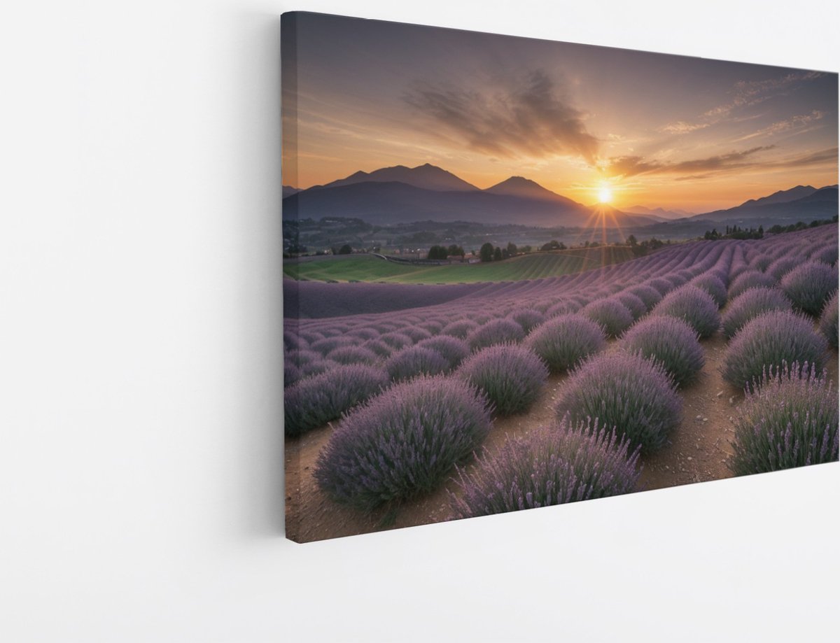 Saammp Canvas Schilderij - Landschap - Lavendel met bergen - Natuur - 30x20 - Foto op canvas - Wanddecoratie - Muurdecoratie Woonkamer - Slaapkamer decoratie - Canvas Print Multicolor