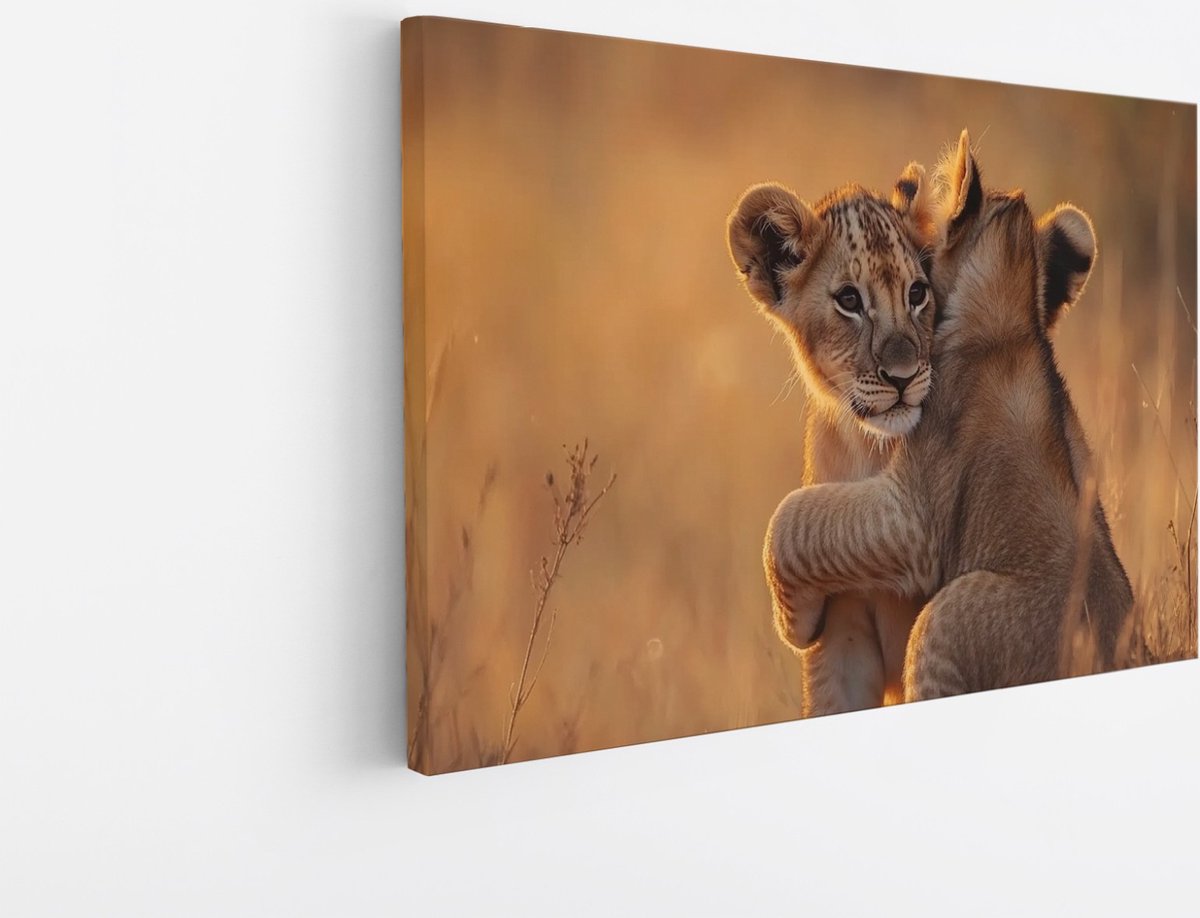 Saammp Canvas Schilderij - Leeuwenwelpen - Dieren - Natuur - 90x60 - Foto op canvas - Wanddecoratie - Muurdecoratie Woonkamer - Slaapkamer decoratie - Canvas Print Multicolor