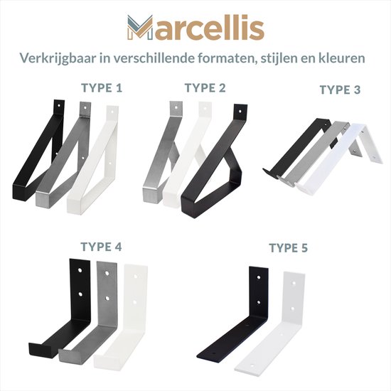 Marcellis - Support d'étagère industriel - Pour étagère 15cm - blanc mat - acier - matériel de montage + embout de vis inclus - type 4