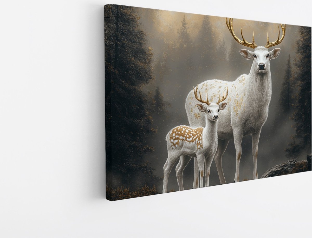 Saammp Canvas Schilderij - 2 Herten met goude Geweien - Natuur - Dieren - 30x20 - Foto op canvas - Wanddecoratie - Muurdecoratie Woonkamer - Slaapkamer decoratie - Canvas Print Multicolor
